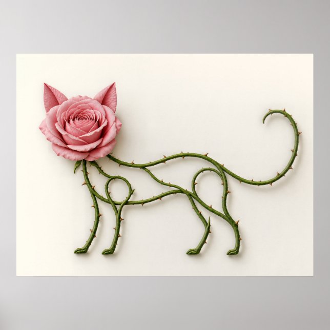 Affiche botanique de chat rose avec vigne épineuse (Devant)