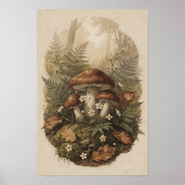 Affiche botanique de forêt de champignons de bois  (Devant)