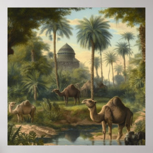 Affiche Botanique : dromadaires dans la jungle près d'une 