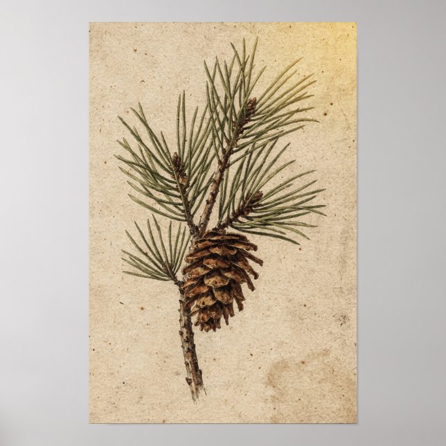 Affiche botanique d'un cône de pin et d'une branch (Devant)