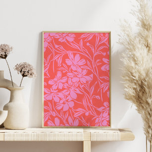 Affiche Botanique Floral Boho Art Design en rose et rouge