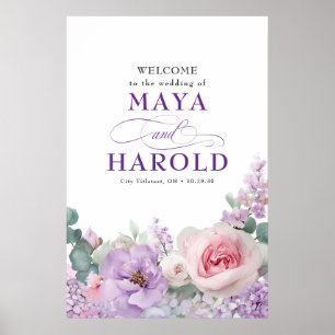 Affiche Botanique Florale violet et rose Mariage Bienvenue
