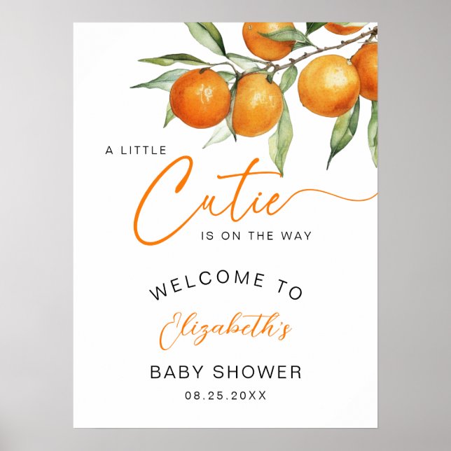 Affiche Botanique Orange Little Cutie Baby shower Bienvenu (Devant)