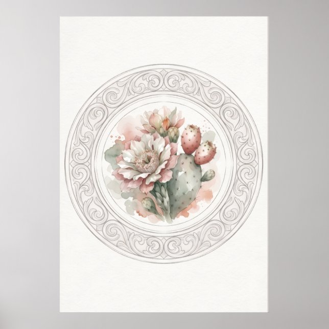 Affiche botanique ornée de fleur de cactus rose (Devant)