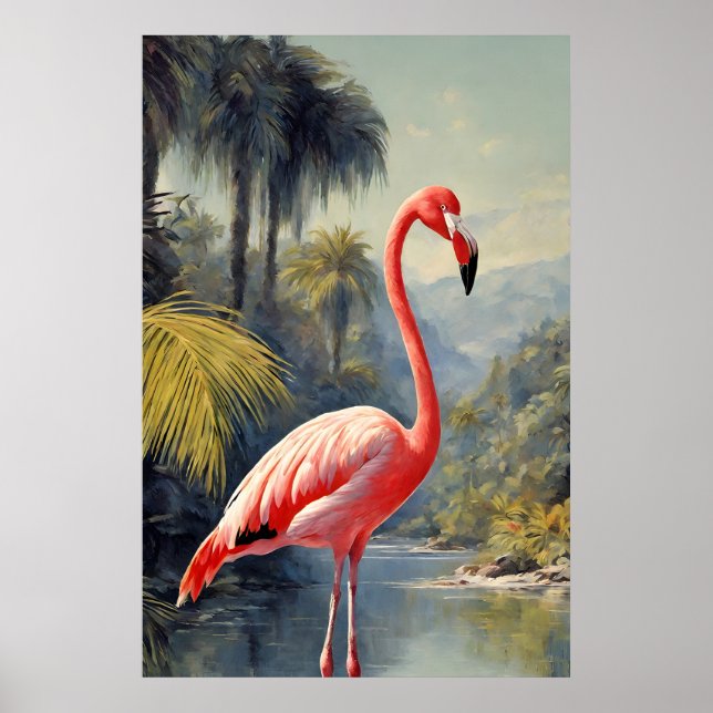 Affiche Botanique Rainforest Flamant rose rose Vintage (Devant)