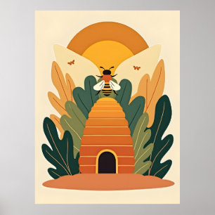 Affiche botanique rétro de la ruche et de l'abeill