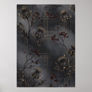 Affiche botanique Tartan Or Chardon noir Sorbier