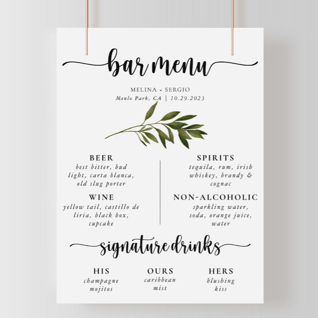 Affiche Botanique Vert Feuille Mariage Menu (Créateur téléchargé)