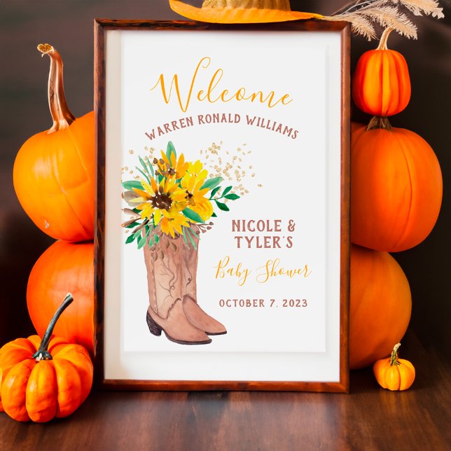 Affiche Botte de cowboy rustique baby shower aquarelle (Rustic cowboy boots watercolor baby shower poster)