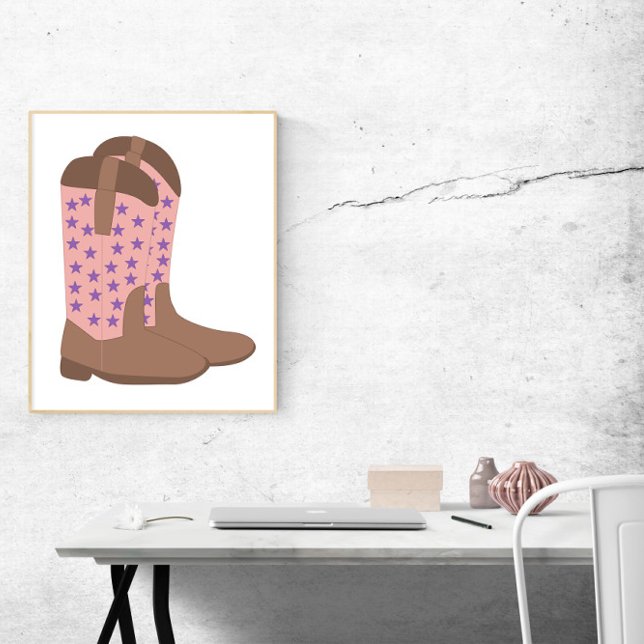 Affiche Botte de garçon rose Brown violet étoiles (A poster of pink and brown cowboy boots with purple stars)