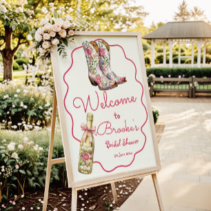 Affiche Botte rose et Fête des mariées mousseuse Bienvenue