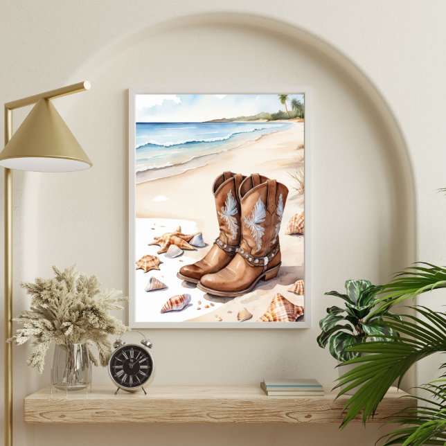Affiche Bottes Brown de cowgirl côtière sur Sand Ocean Bea (Coastal Cowgirl Brown boots on the beach sand sea seashells Wall Art poster print, Printed Digital)