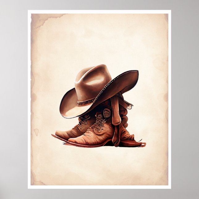 Affiche Bottes Cowboy & Casquette Aquarelle Art (Devant)