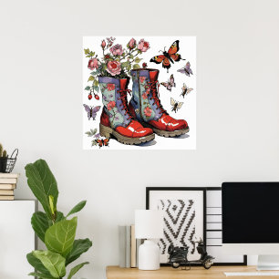 Affiche Bottes de combat florales avec fleurs et papillons
