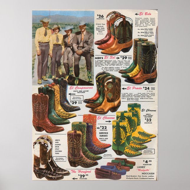 Affiche Bottes de cow-boy colorées des années 1950 (Devant)