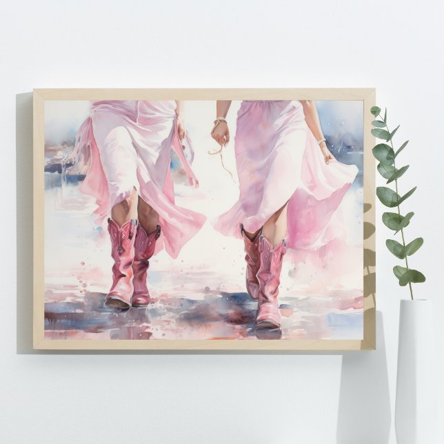 Affiche Bottes de cow-girls branchées aquarelle marchant s (Preppy Cowgirl Boots walking on Beach Coastal Pink Blue Watercolor Poster Wall Art Print)