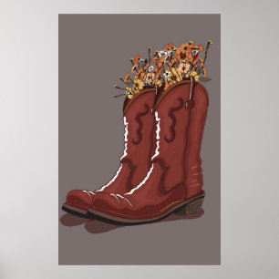 Affiche Bottes de cowboy avec fleurs sauvages