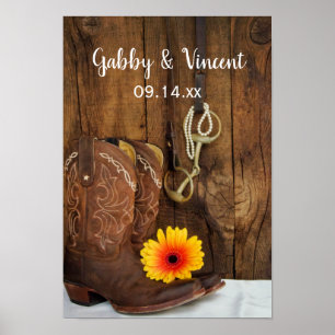 Affiche Bottes de cowboy, marguerite et cheval Mariage occ