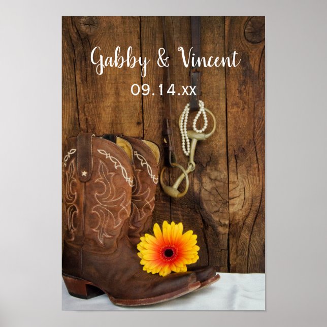 Affiche Bottes de cowboy, marguerite et cheval Mariage occ (Devant)