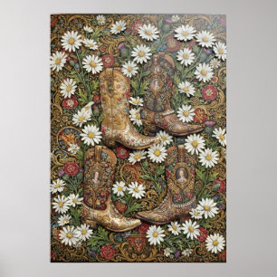 Affiche Bottes de cowboy occidentales vintage motif floral