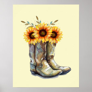 Affiche Bottes rustiques Cowboy avec tournesol
