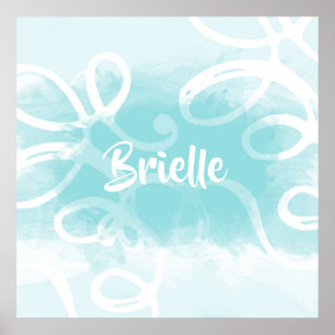Affiche Boucles Chic Pastel Bleu Aquarelle Avec Nom