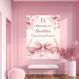 Affiche Boucles de crème à l'arc rose Quinceanera signe de
