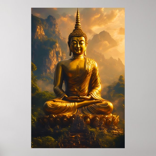 Affiche Bouddha assis doré sous un ciel de coucher de sole (Devant)