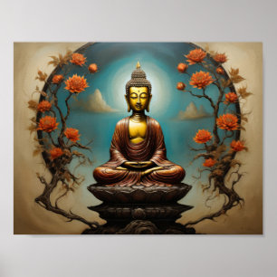 Affiche Bouddha Gautama en méditation avec arbre fleuri
