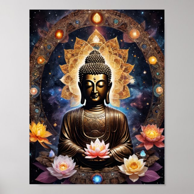 Affiche Bouddha méditant avec des fleurs de lotus (Devant)