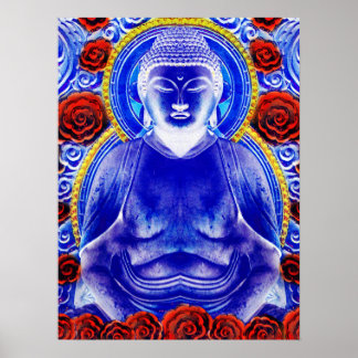 Affiche Bouddha Mystique - tons bleu et rouge Cool