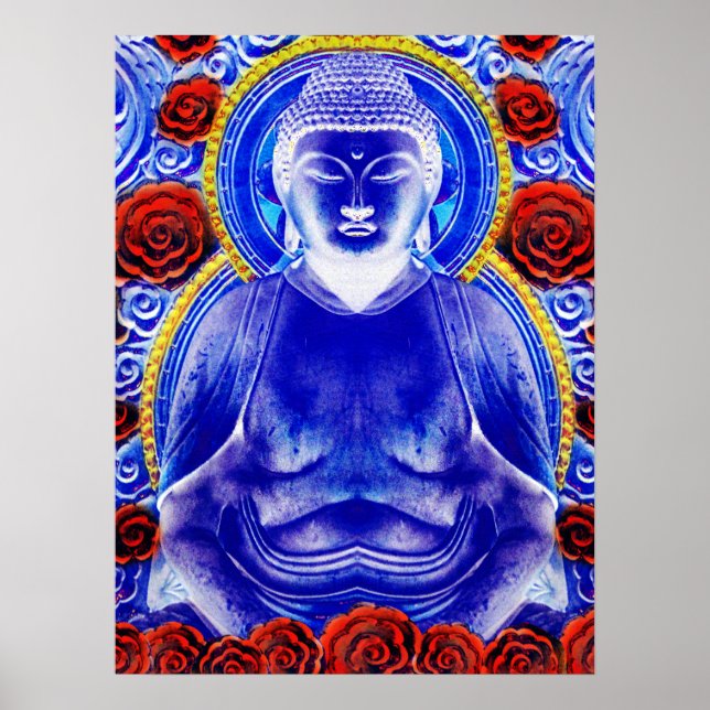 Affiche Bouddha Mystique - tons bleu et rouge Cool (Devant)