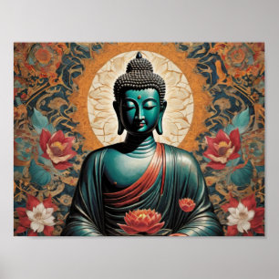 Affiche Bouddha Siddarta Gautama en méditation avec fleurs