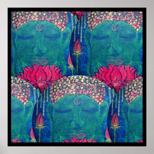 Affiche Bouddha vert Zen Face Rouge Lotus Spirituel (Devant)