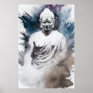 Affiche Bouddha Zen Yoga blanc coloré et méditant