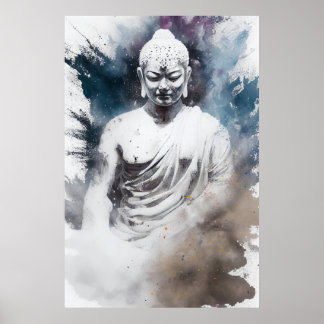Affiche Bouddha Zen Yoga blanc coloré et méditant