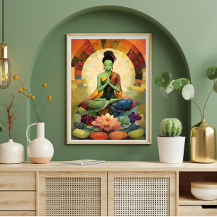 Affiche Bouddhiste déesse Green Tara Floral Peinture Zen
