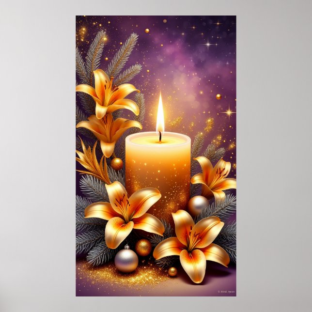 Affiche Bougie de vacances dorée Élégance de pin festive (Devant)
