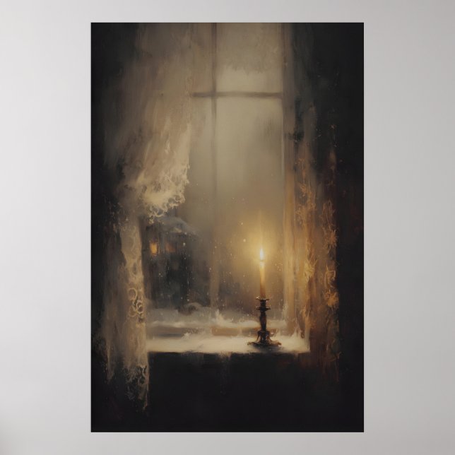 Affiche Bougie Unique Dans La Fenêtre Au Crépuscule, Dark  (Devant)