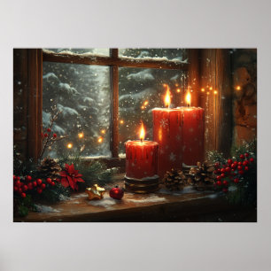 Affiche Bougies Rouges de Noël Fenêtre Hivernale