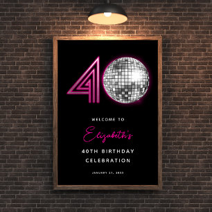 Affiche Boule à facettes disco rose néon noir Quarantième