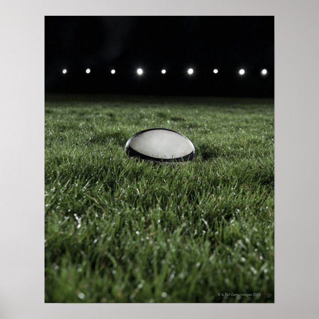 Affiche Boule de rugby assise sur le terrain d'une pelouse (Devant)