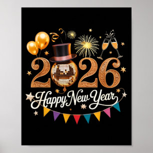 Affiche Boule disco fête du Nouvel An 2026 dorée Fête