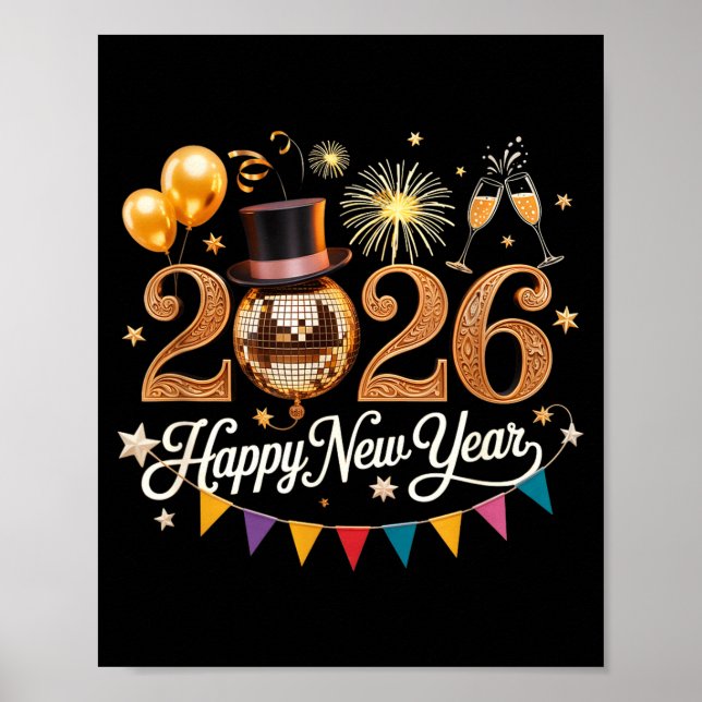 Affiche Boule disco fête du Nouvel An 2026 dorée Fête (Devant)