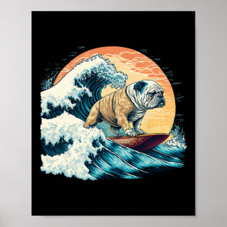 Affiche Bouledogue anglais surfant sur la grande vague de