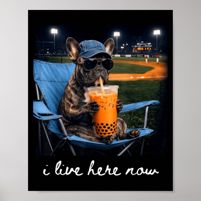 Affiche Bouledogue boit du café glacé terrain de baseball  (Devant)