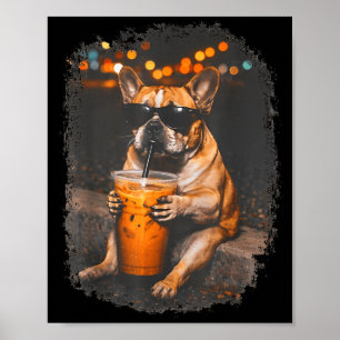 Affiche Bouledogue drôle buvant du café glacé mème animal