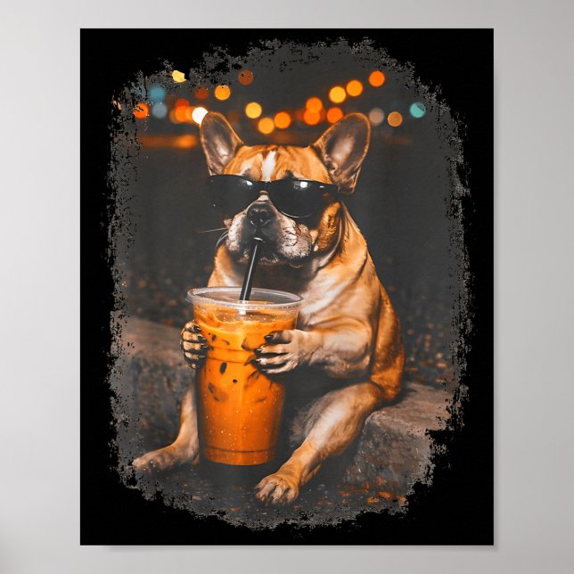 Affiche Bouledogue drôle buvant du café glacé mème animal (Devant)