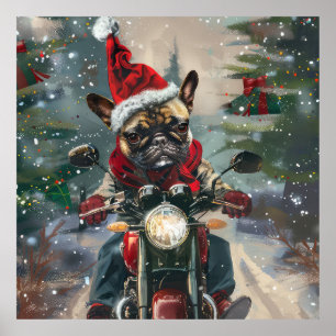 Affiche Bouledogue français à moto Noël