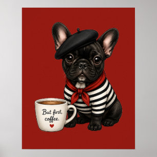 Affiche Bouledogue français avec café